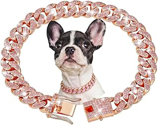 Rose Gold Dog Chain Necklace, Diamond Cuban Link Dog Chain Walking Metal Dog Collar with Secure Buckle Cat Chain Necklace Pet Sparkling Jewelry Accessories for Small Medium Dogs Cats,23