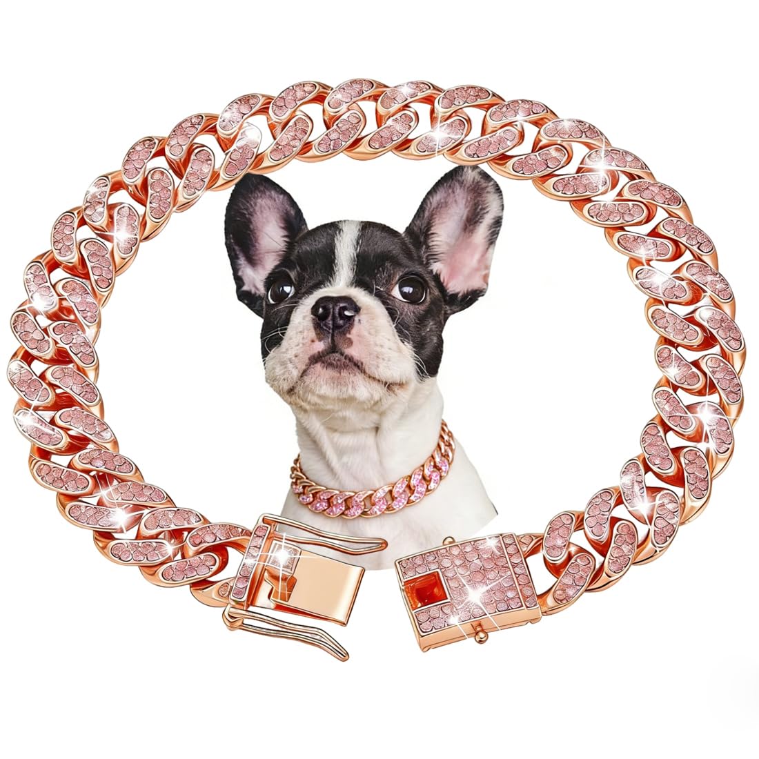 Rose Gold Dog Chain Collars, Diamond Cuban Link Dog Chain Collar Walking Metal Dog Necklace With Secure Buckle Cat Chain Collar Pet Sparkling Jewelry Accessories For Medium Large Dogs Cats, 24 Inch