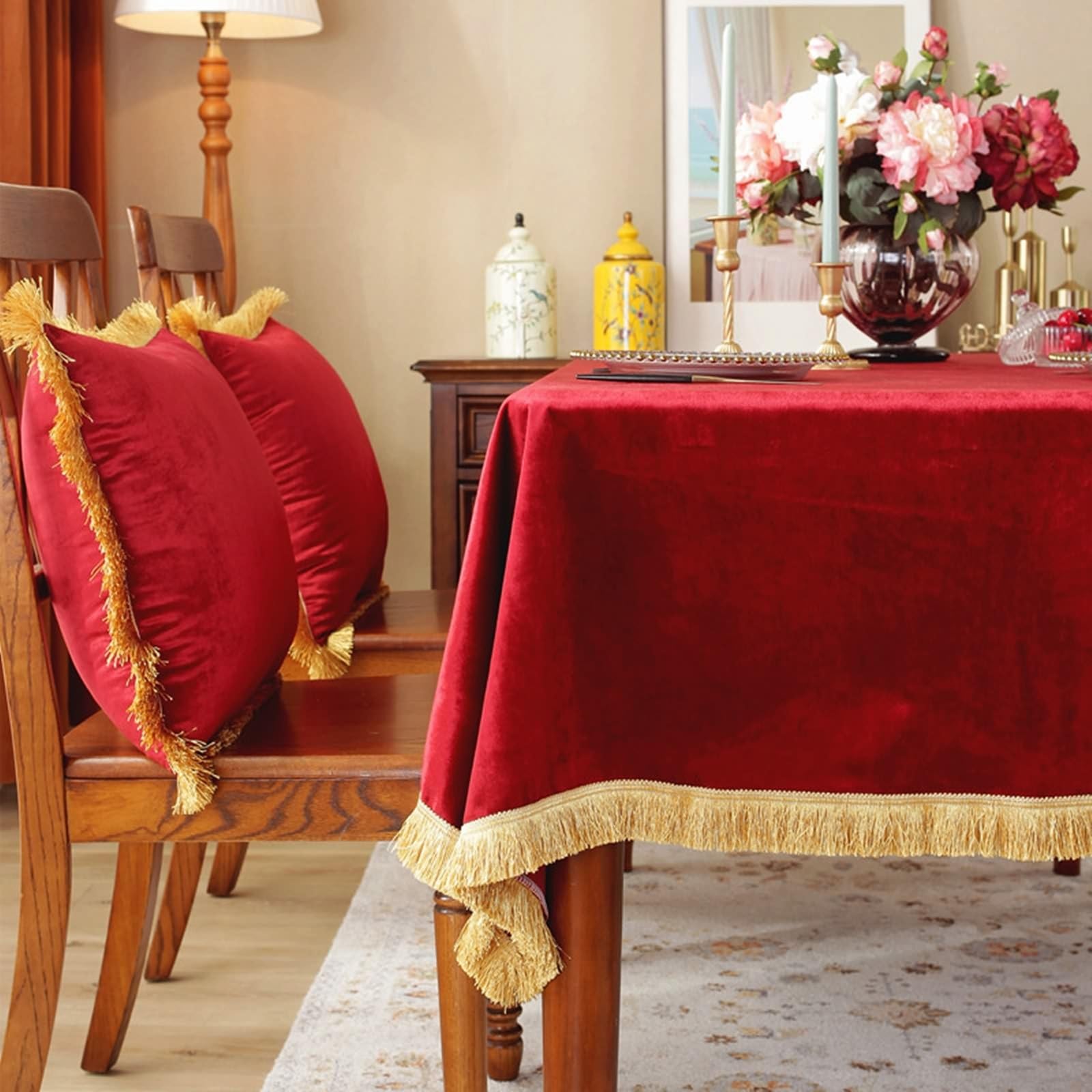 Manteles para Mesa, 140 x 200 cm, Rojo, Rectangular, Mantel Poliéster Terciopelo con Borla