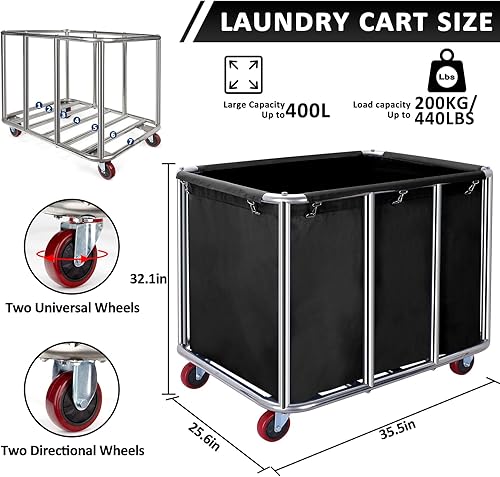 Miniatura 2 de Carrito de lavandería comercial con ruedas, carrito de lavandería industrial de 11.35 pulgadas (400 L), cesta de lavandería comercial con marco de