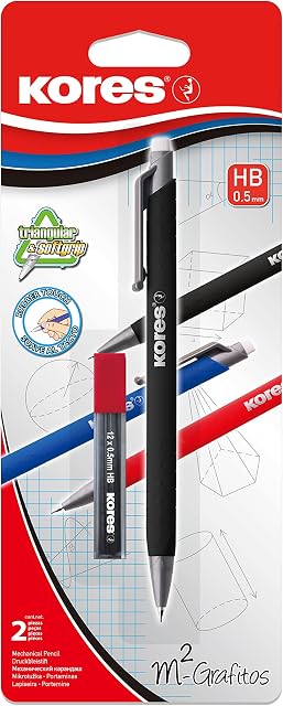 Kores - M2 Grafitos: Mechanical Pencil with Eraser, Soft HB Lead, Assorted Barrel Colours, Single Pack with 1 Pencil and 15 Refill Leads