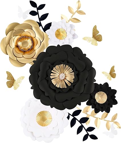 Miniatura 1 de Fonder Mols Decoraciones de flores de papel 3D (juego de 13, oro negro blanco), flores de papel gigantes para telón de fondo de boda, fiesta de
