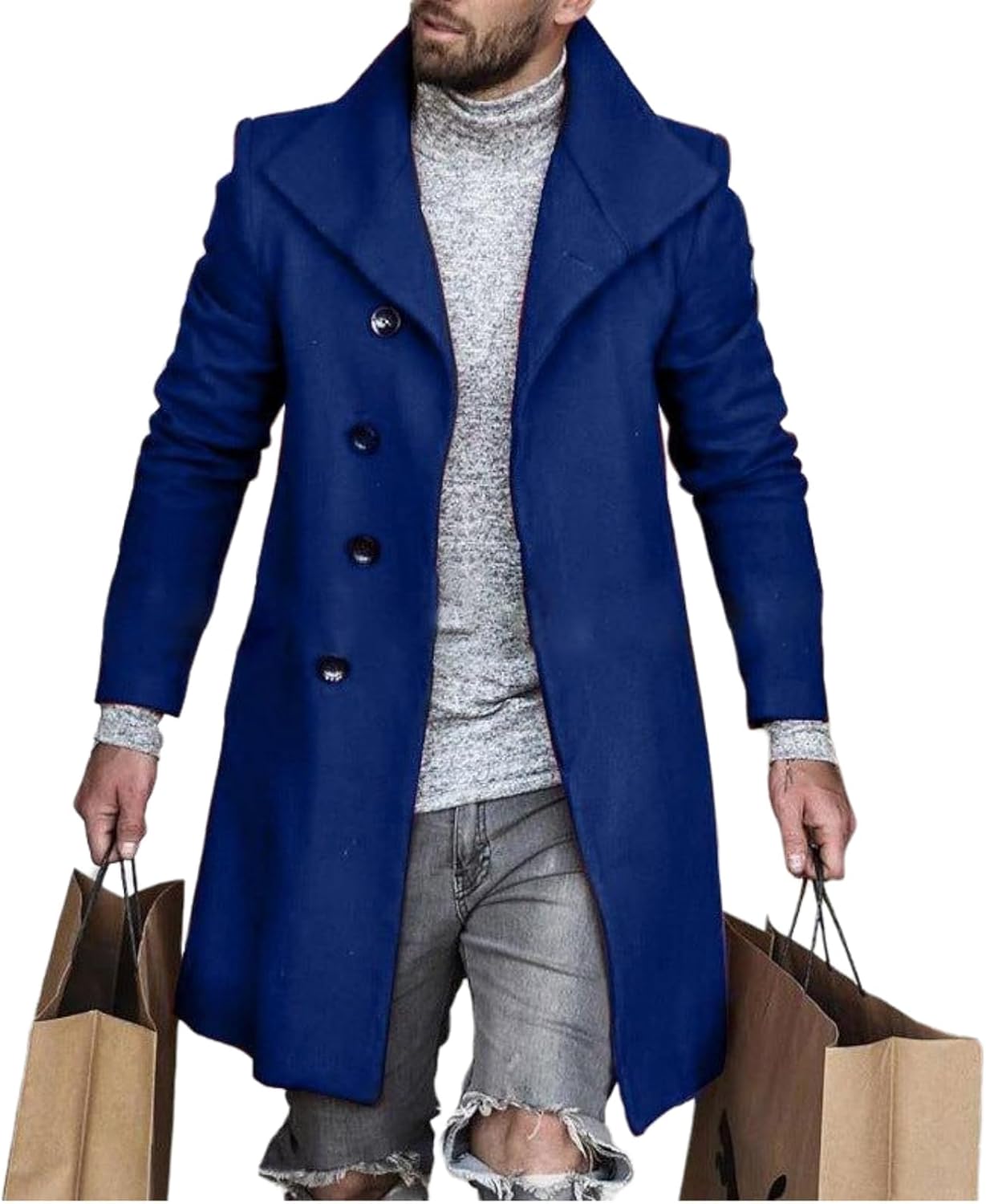 Men's Plaid Trench Coat Lapel Slim Fit Single Breasted Wool Blend Pea Coat Casual Winter Mid Long Jacket Overcoat