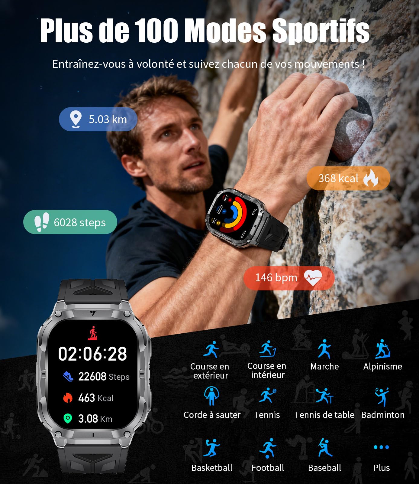 LIGE Montre Connectée Homme（3 Bracelets）, Smartwatch avec Torche LED/Batterie 1000mAh/2.0" HD Grand Écran/Appel Bluetooth/Cardiofréquence/Analyse Sommeil/100+Modes Sport, Smart Watch Android/iOS