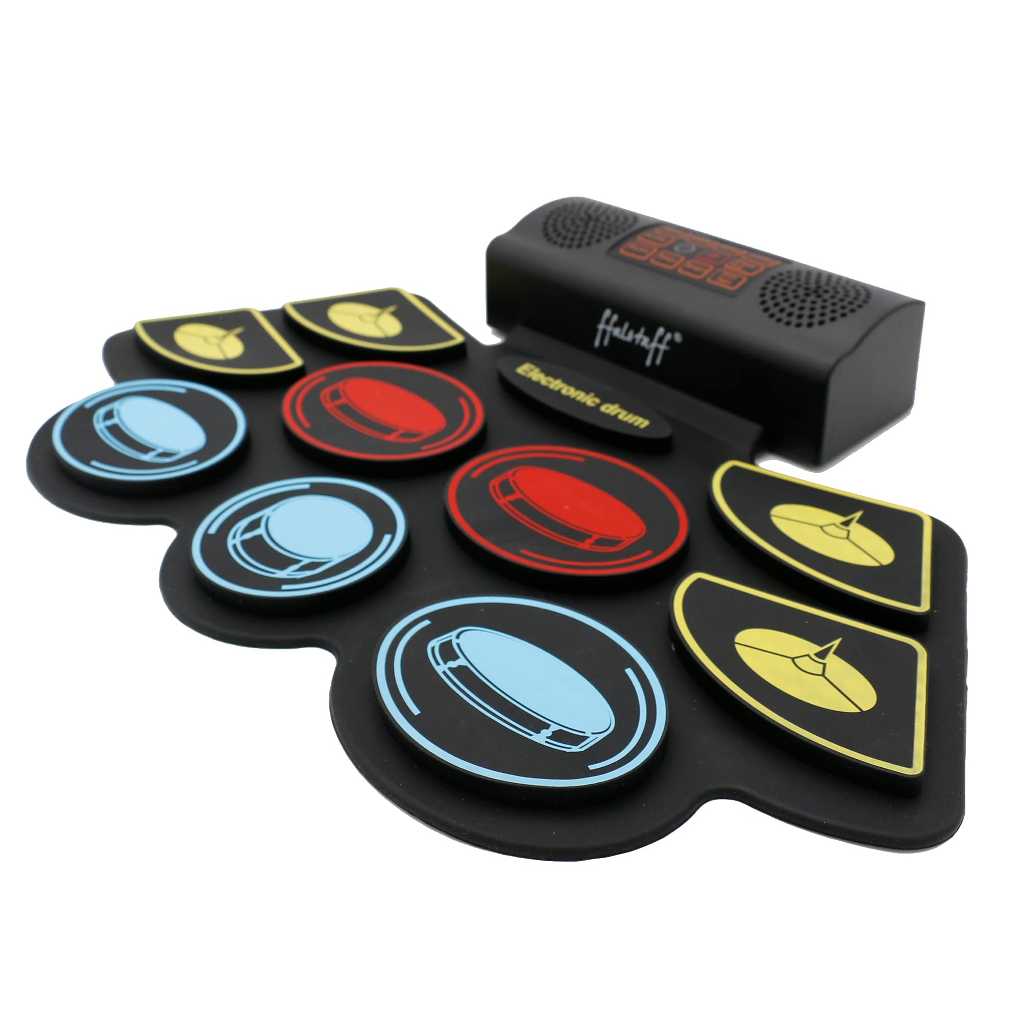 ffalstaff Pad Batteria Elettronica Ricaricabile Completo di Bluetooth - Stereo Portatile con 9 Pad, 2 Pedali e Bacchette - Ideale per un Primo Approccio allo Strumento