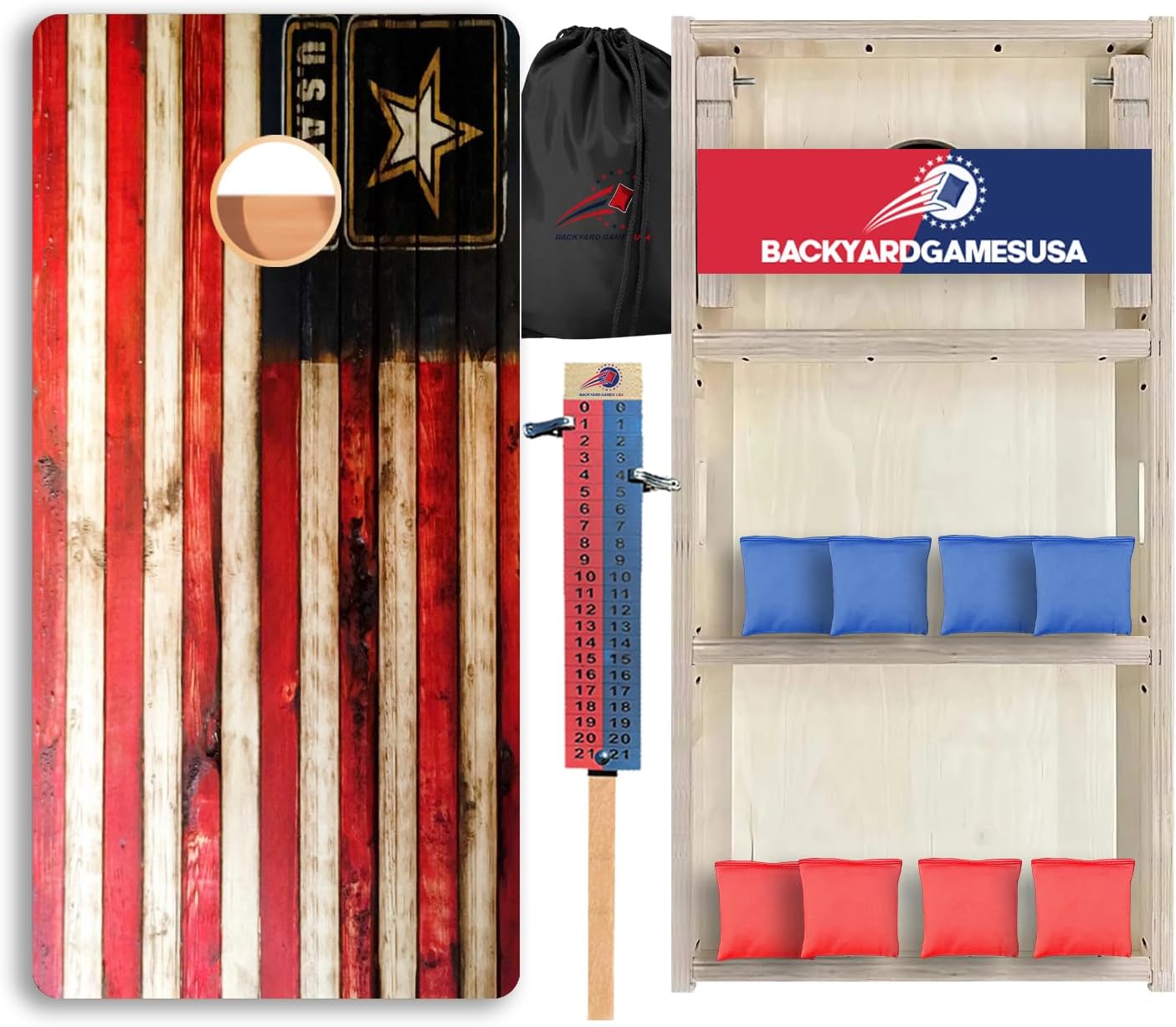 CornholeGamesUSA Pro Cornhole Boards Set | Made in USA | 3/4 Baltic Birch | No Bounce | Triple Thick Legs | Two Brace & Handles, Tournament 2x4 Regulation Set with Score Tower & Cornhole Bags