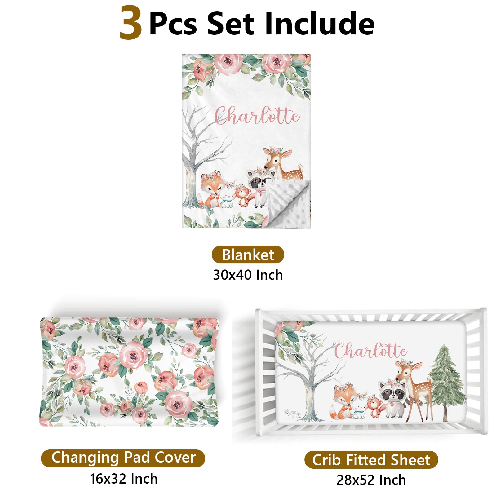 Terwex Custom Name Crib Bedding Set, 3 Pcs Personalized Baby Crib Bedding Set, Soft Pink Forest Animals Nursery Crib Sets for Boys Girls, Double Layer Toddler Bedding Set Customized Gifts for Newborn