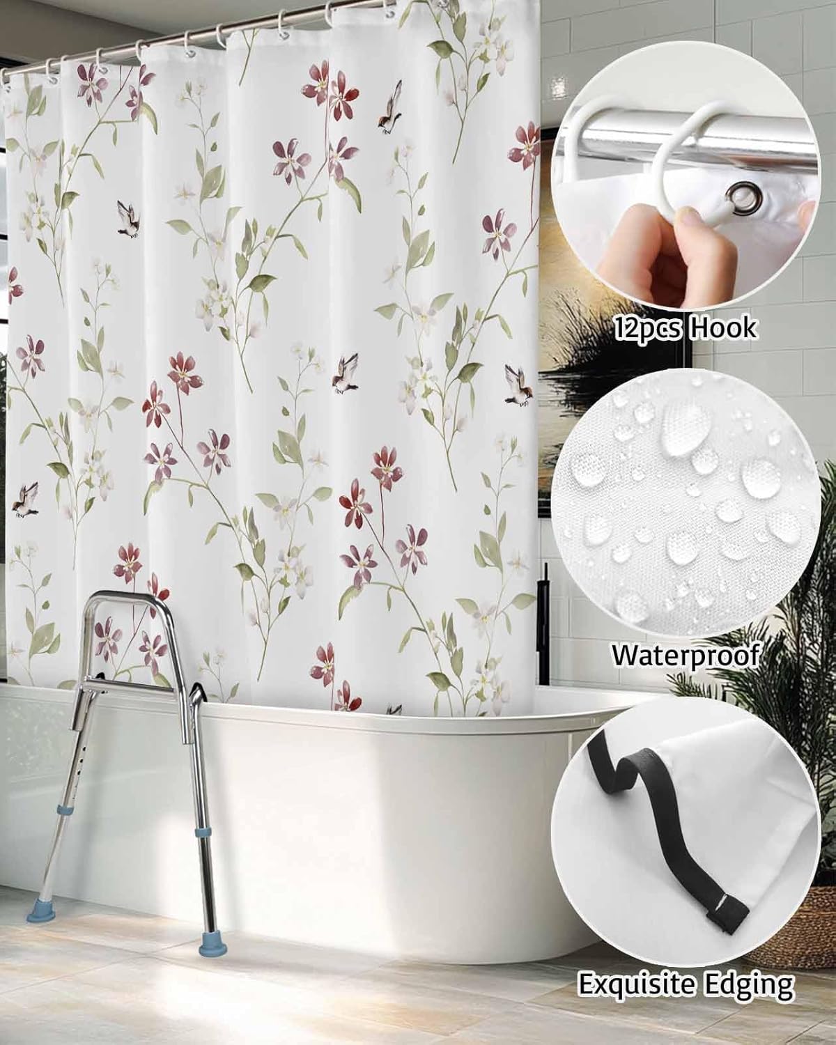 Split Shower Curtain for Transfer Bench, Flowers Floral Bath Tub Curtain Transfer Chair Bench for Bathtub 72x72 Inch Shower Curtain Set with Hooks and 2 Vertical Slits