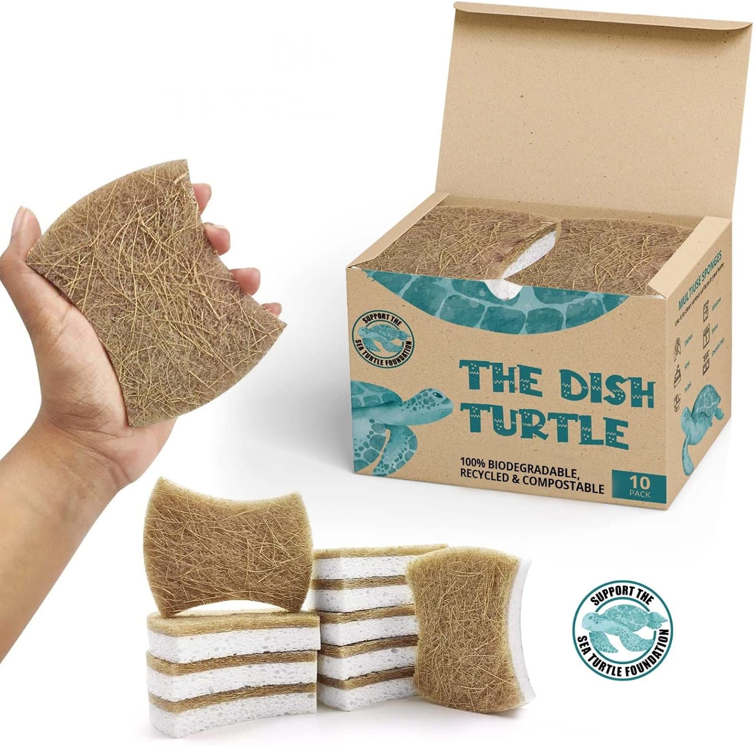 The Dish Turtle 10 Pack Biodegradable Dish Sponges and 100