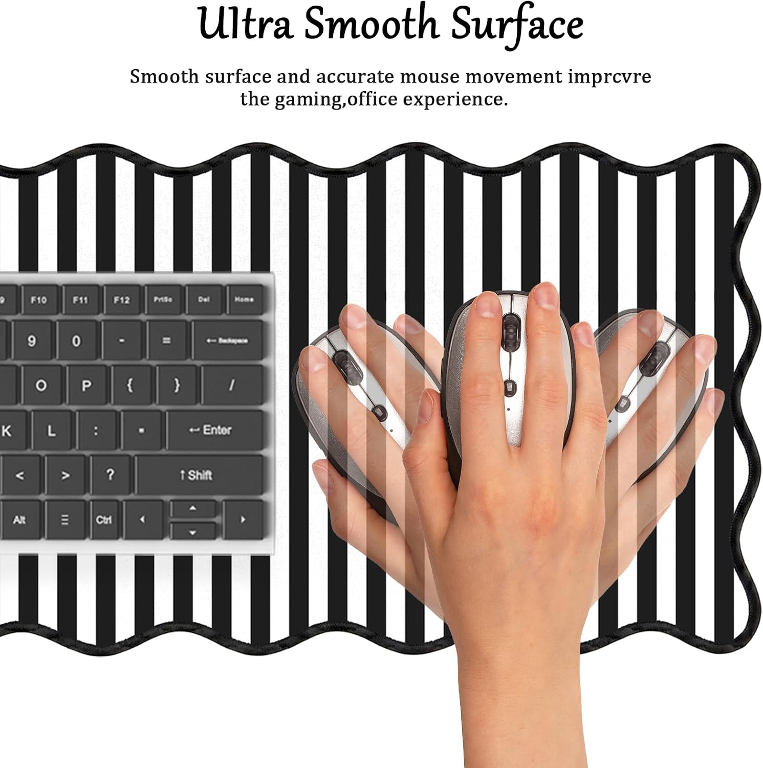 Scalloped Desk Mat Extended Large Cute Striped Mouse Pad Big Desk Pad XXL Aesthetic Stripe Mousepad Gaming Mouse Pad for Keyboard Computer Laptop Home Office Accessories 31.5X15.7Inches Black White image 3