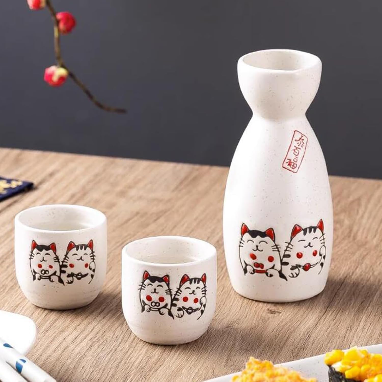Set di 5 tazze per sake giapponesi e tazze da sakè, design tradizionale dipinto a mano, tazze in ceramica Neko, caraffa da portata in ceramica con gatto portafortuna