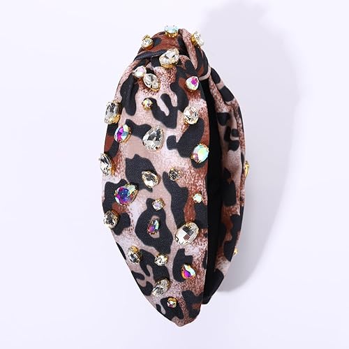 Miniatura 6 de NVENF Diadema de leopardo para mujer, diadema con diamantes de imitación y perlas, diadema de guepardo adornada, diadema bohemia con nudo superior,