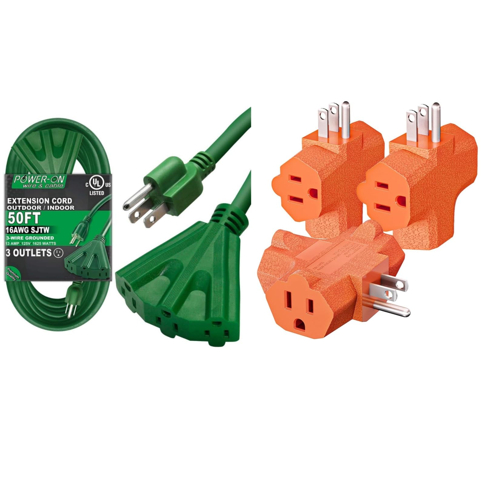 K KASONIC - 50 Ft Extension Cord with 3 Outlets + K KASONIC - 3-Outlet Grounding Adapter 3 Pack Orange