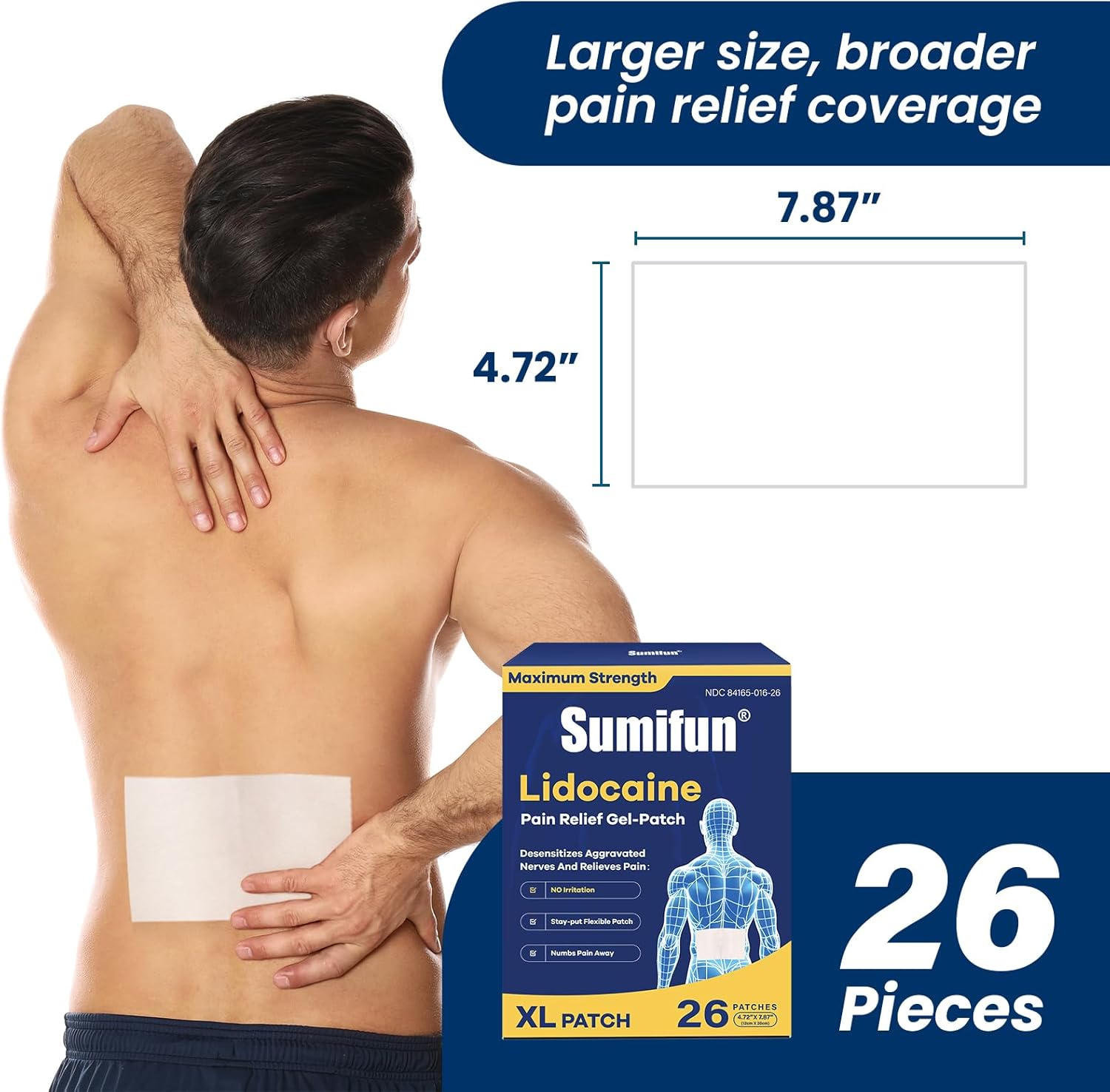 Sumifun XL Lidocaine Patches for Pain Relief, 4% Lidocaine Maximum Strength OTC, Extra Large 4.72"x7.87" for Full Back Pain Patches & Large Areas (Extra Large, Count, 26)