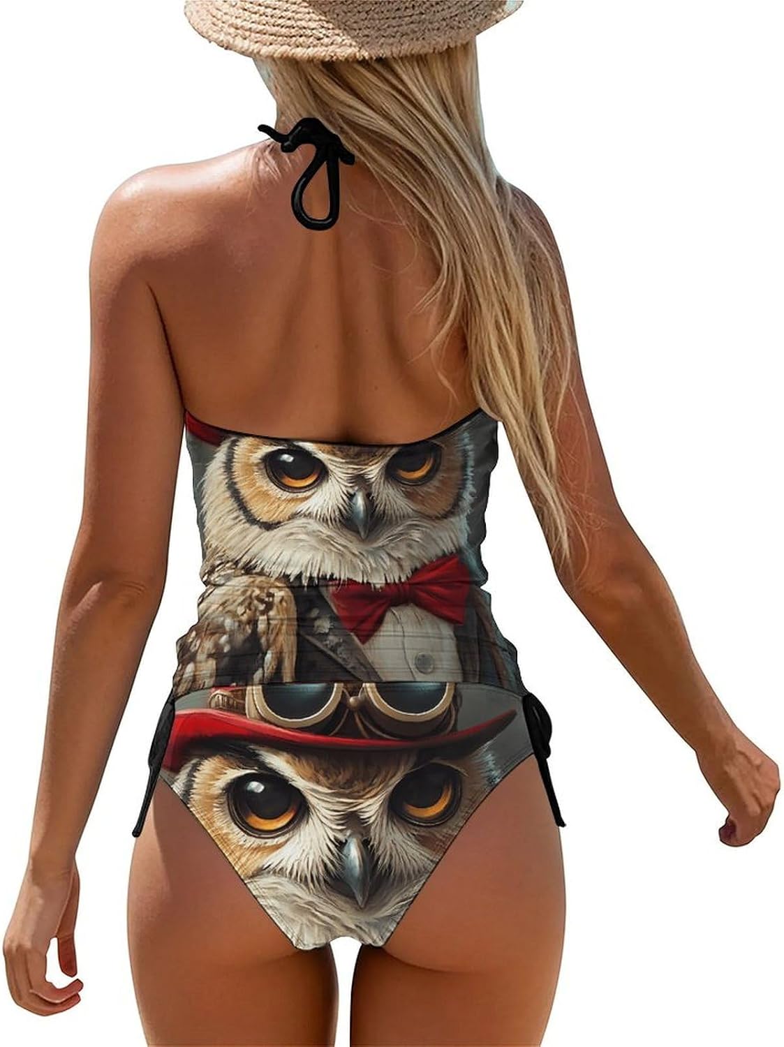 Gentleman Owl with Bowler Hat Women Tankini 2 Piece Swim Bathing Suits | tummy control,high neck top with bottom,swimwear,swimsuits