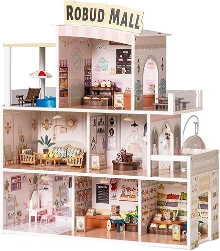 Miniatura 1 de ROBUD Casa de muñecas de madera para niños, casa de muñecas con 9 escenarios diferentes, casa de ensueño para niños pequeños con movimiento de