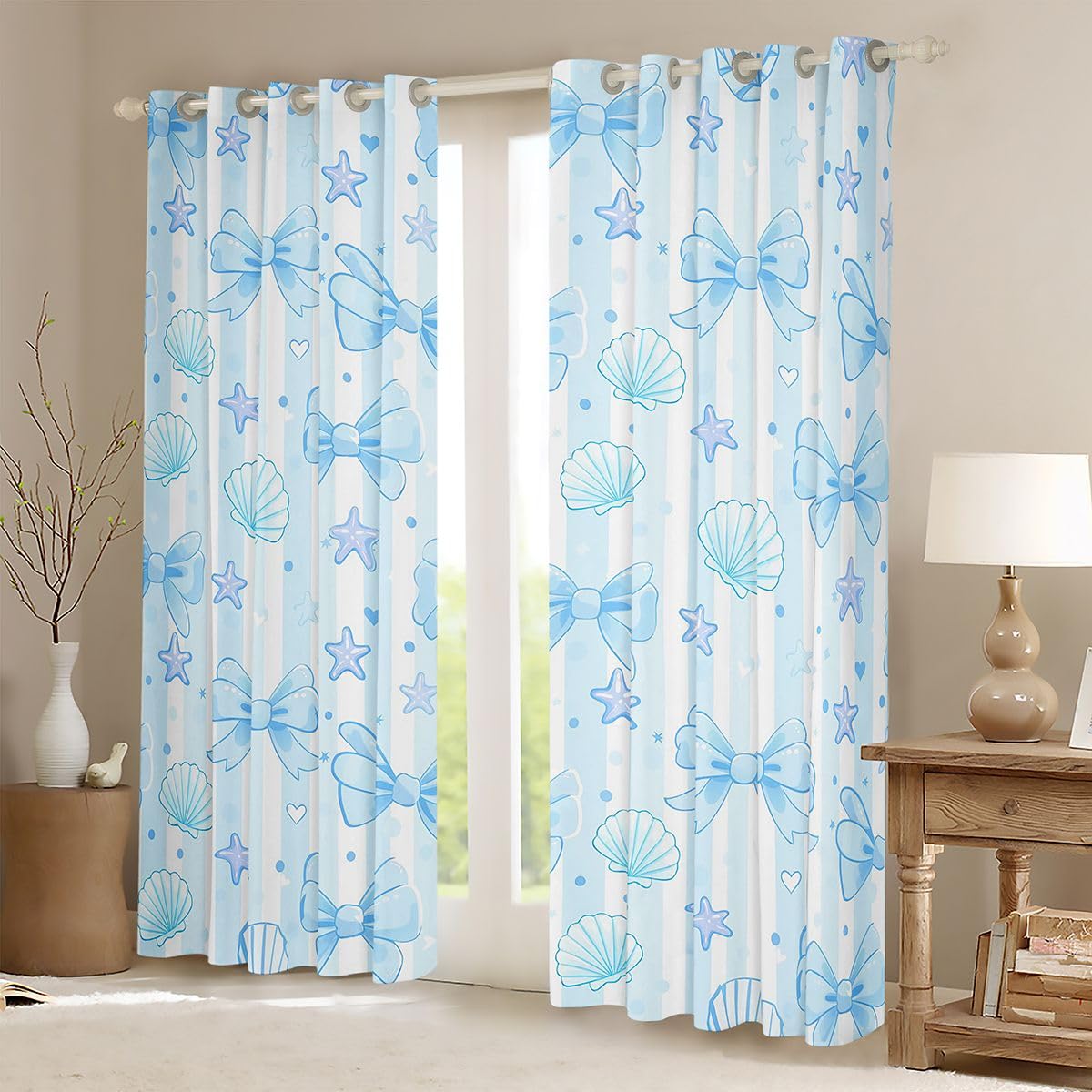 Homemissing Tende marine con fiocco blu per camera da letto soggiorno stelle marine conchiglie tonalità oscuranti strisce tende oscuranti per camera tende oscuranti tenda estiva trattamenti per