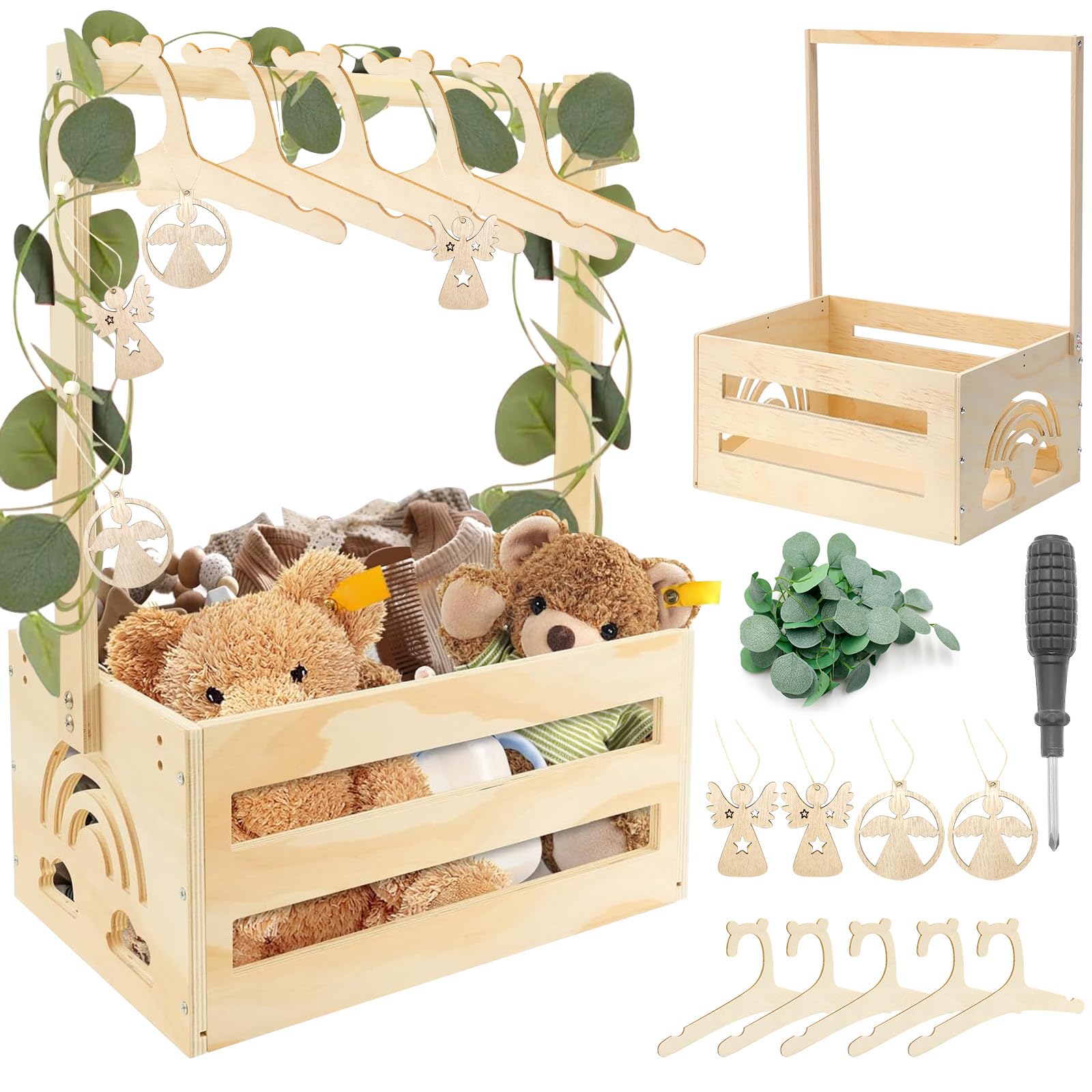 Babyparty Geschenk mit Holz Babykorb auf Rädern | Praktischer Baby Schrank mit Griff & 5 Regenbogen Puppenkleiderbügeln | Geschenkkorb (Holz Babykorb-Rainbow)