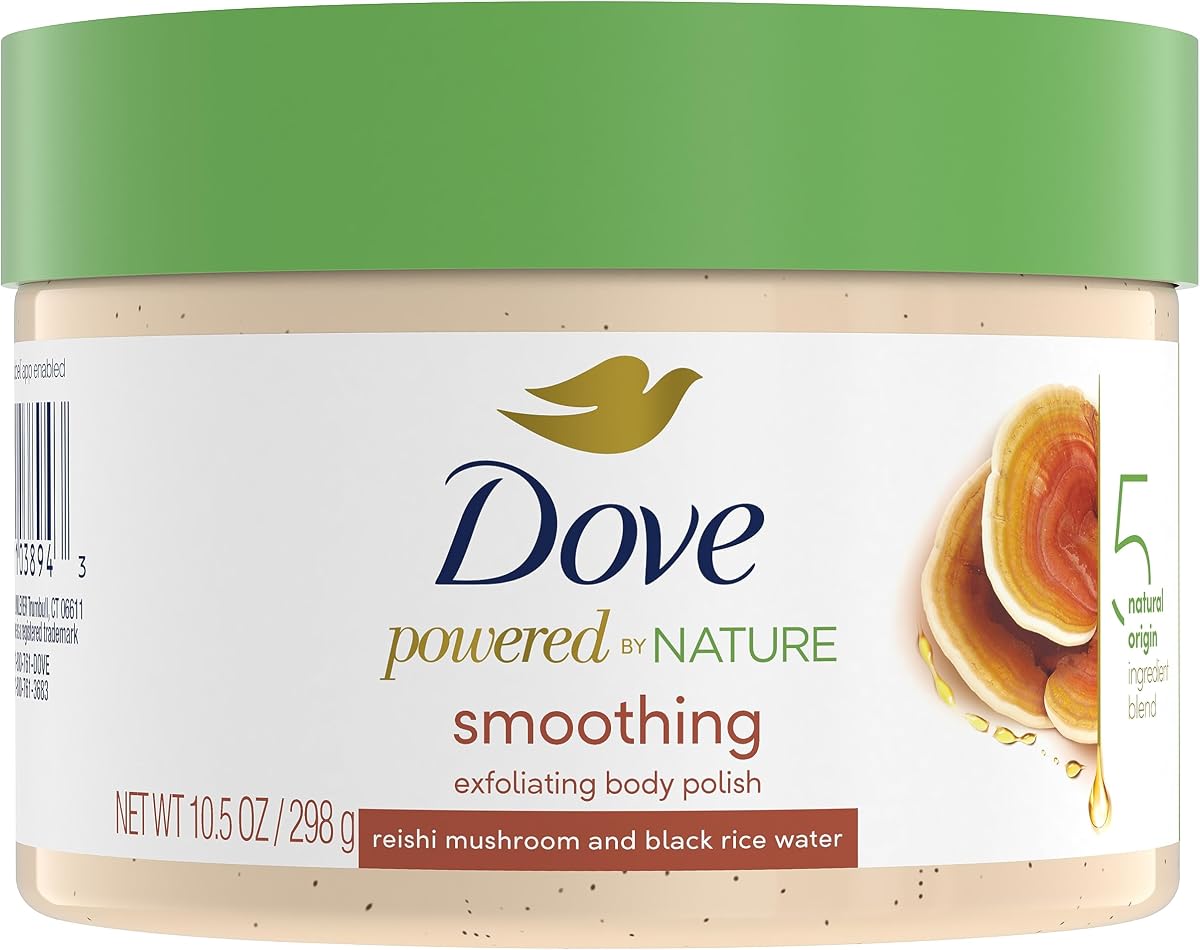 Dove Powered By Nature exfoliante corporal suavizante con mezcla de 5 ingredientes de origen natural para el cuidado de la piel, 10.5 oz (paquete de 1)