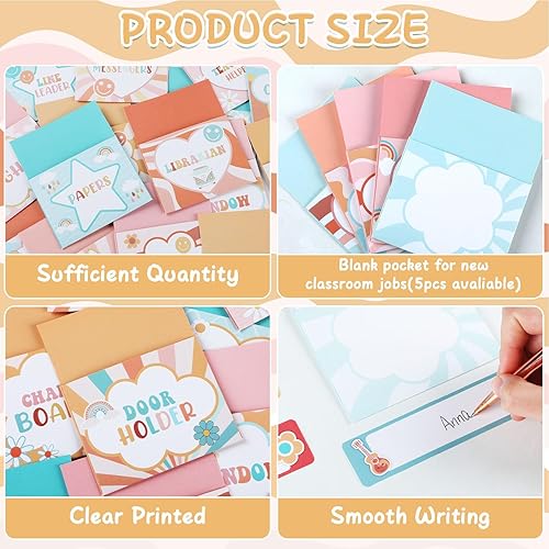 Miniatura 4 de ZOiiWA Juego de 81 tablones de anuncios Groovy Class Jobs con temática hippie para trabajos en el aula, juego de gráficos de bolsillo para ayudante