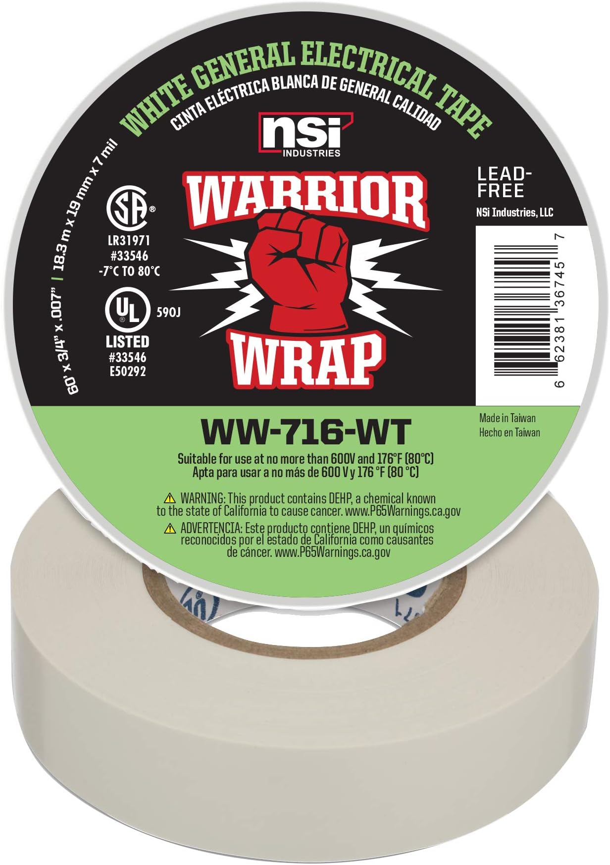NSI WW-716-WT WarriorWrap General 7 mil Vinyl Electrical Tape, 3/4" Width, 60' Length, White