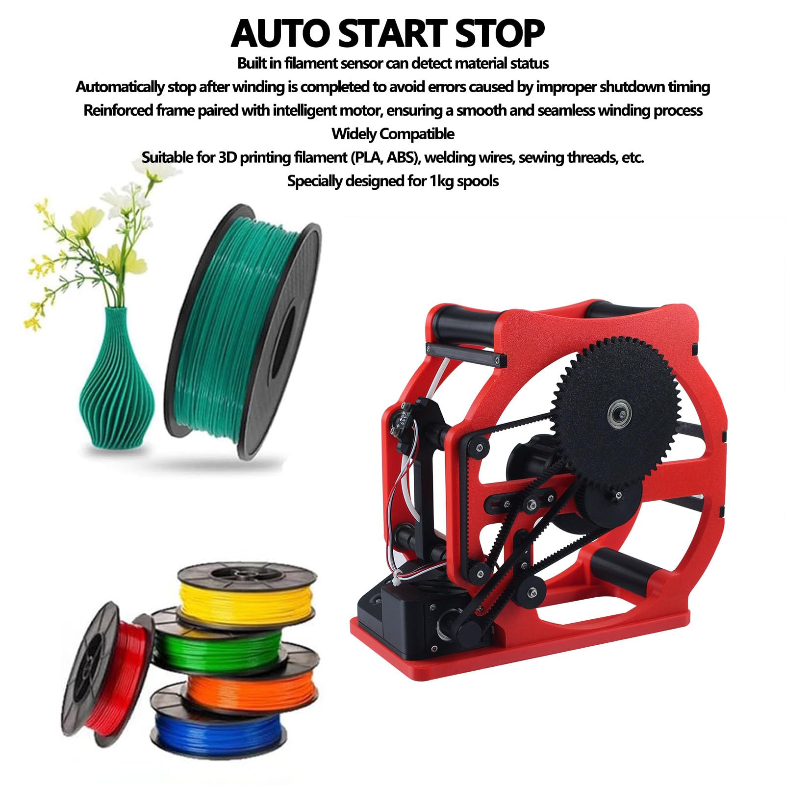 SEAFRONT Nawijak żarnika do Drukarki 3D, Automatyczny Start-stop z Wbudowanym Czujnikiem żarnika, Wzmocniona Rama do Szpul PLA ABS PETG TPU Nylon 1kg