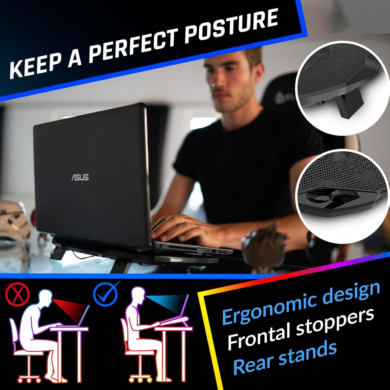 Diagram showing proper ergonomic posture with a laptop on the KLIM Pro cooling pad, highlighting frontal stoppers and rear stands.