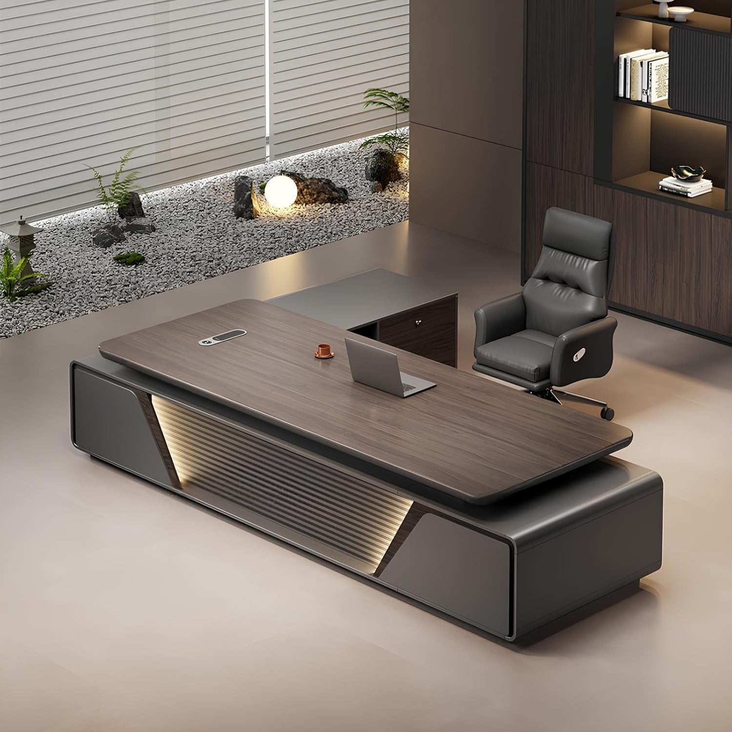 Scrivania direzionale moderna a forma di L con cassetti, superficie curva in lega di alluminio, tavolo da ufficio per casa e ufficio, configurazione destra, lunghezza 200 cm