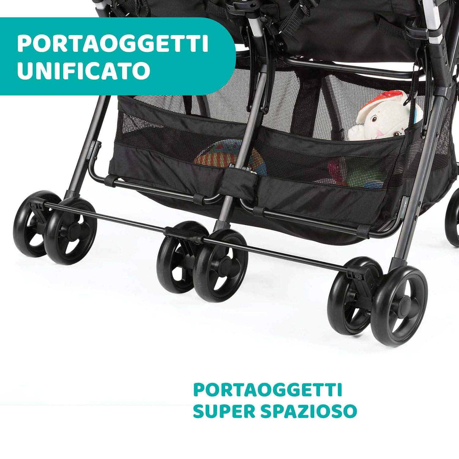 Chicco OHlalà Twin Passeggino Gemellare Doppio Leggero Reclinabile Pieghevole Chiusura Compatta Nero