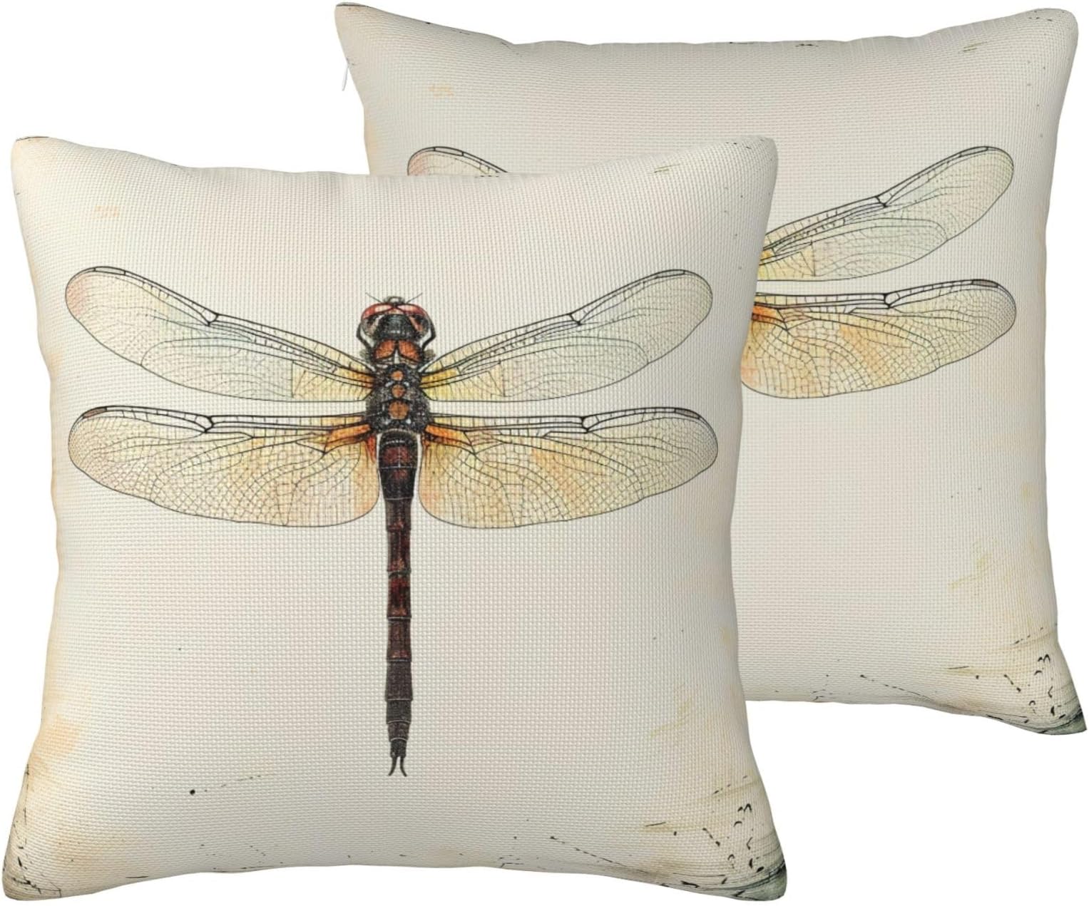 Dragonfly Print Pillowcase 45x45 CM Set 2 Pack Linen-Look Square Pillow Covers Cushion Cover for Sofa, Bed, Living Room, Garden & Office Decor