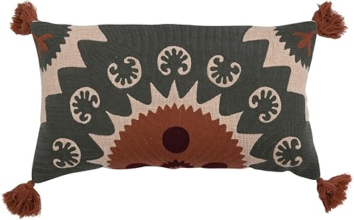Creative Co-Op Almohada lumbar de algodón con bordado Suzani y borlas
