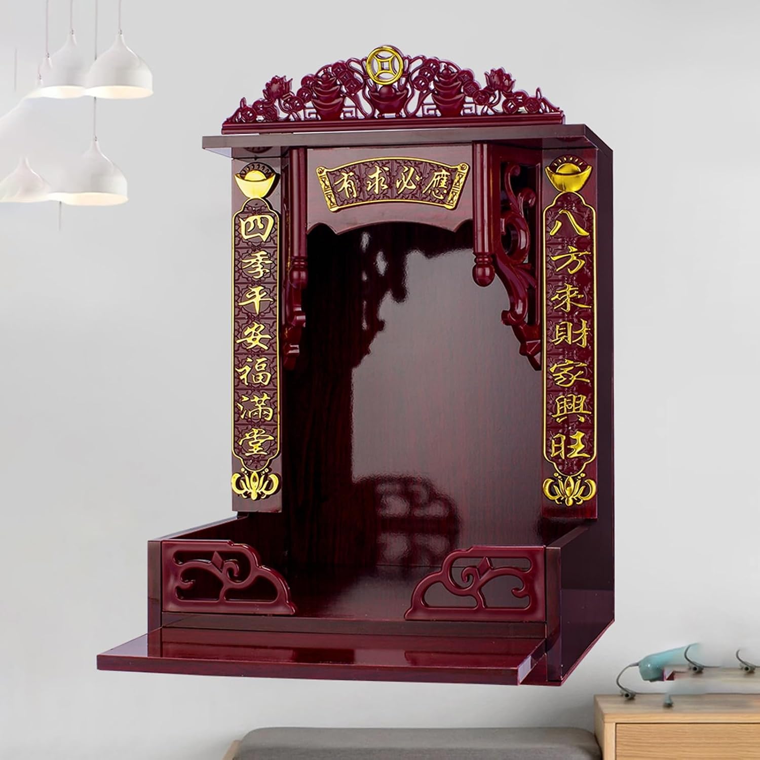 Wall-Mounted Buddha Statue Stand, Wall Altar Shelf for Incense Offerings, for Home or Temple Display(12.2 * 11 * 16.5in)
