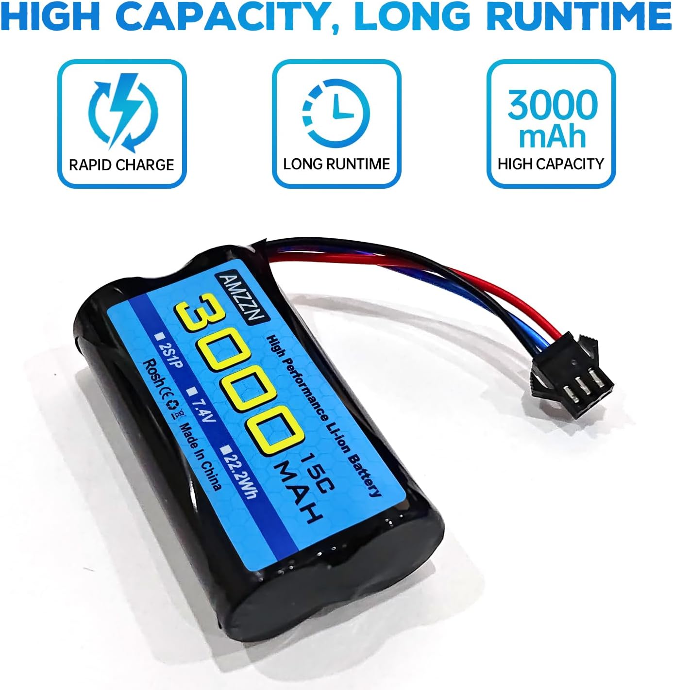7.4V 3000mAh 15C 2S SM-3P Plug Li-ion Battery with USB Charger for DE43 DE60 9500E 9309E RC Cars and Trucks Huina 1575 RC Engineering Vehicle RC Toy Backup Car Battery