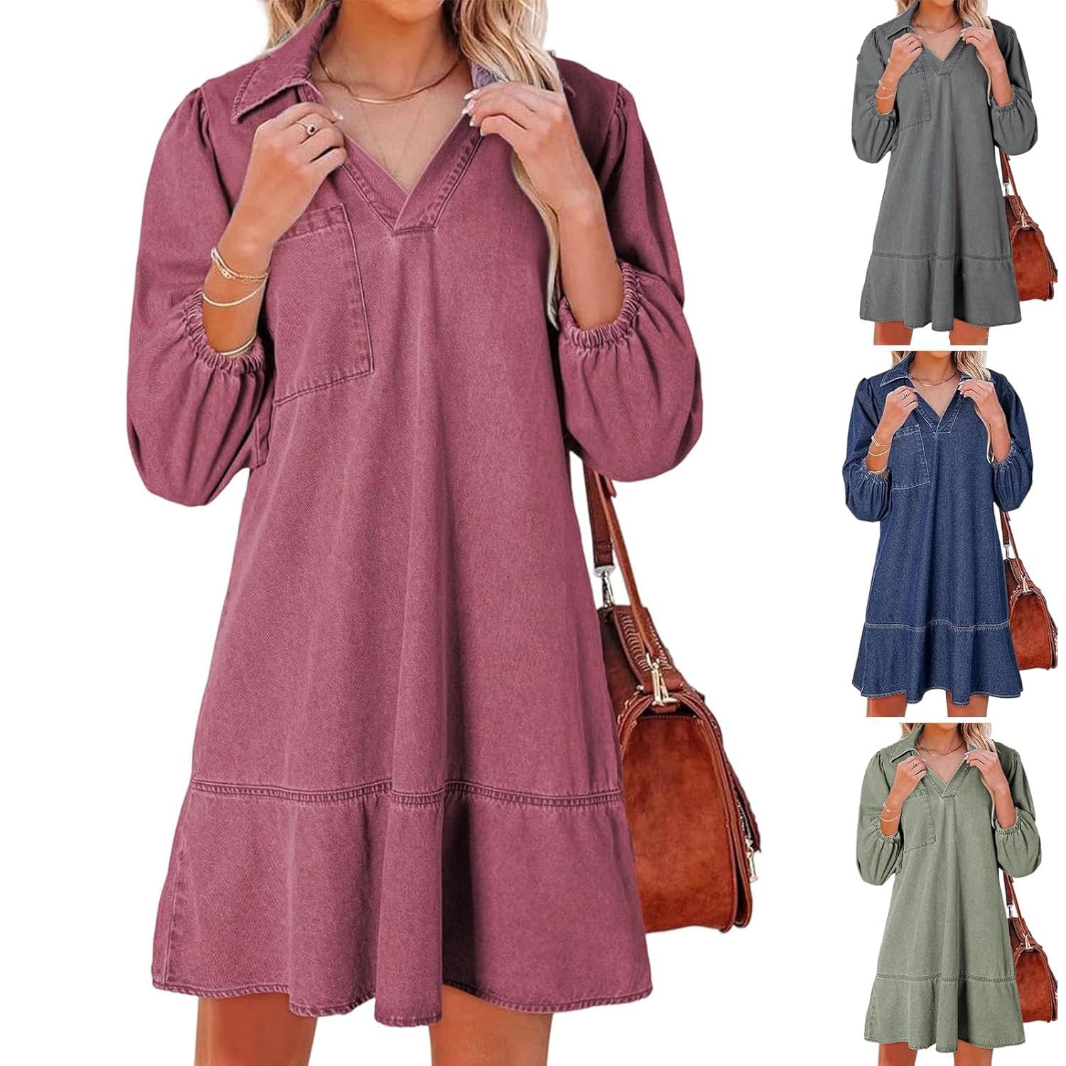 Vestido Vaquero con Capas, Cuello en V y Mangas abullonadas para Mujer, Vestidos Vaqueros con Volantes y Mangas 3/4, Vestido Vaquero Camisero Holgado de Verano con Bolsillos. (Dark Pink,L)
