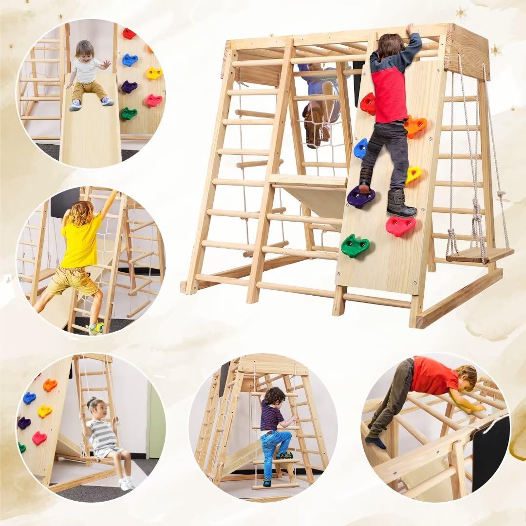 Outsunny Set con Scivolo, 2 Altalene da Giardino e Parete da Arrampicata in Legno per Bambini Età 3-8 Anni