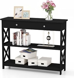 GOFLAME 39" Console Sofa Table with Drawers, 3-Tier Narrow Entry Table with Storage Shelves for Living Room Behind Couch, Entryway, Hallway (Black)