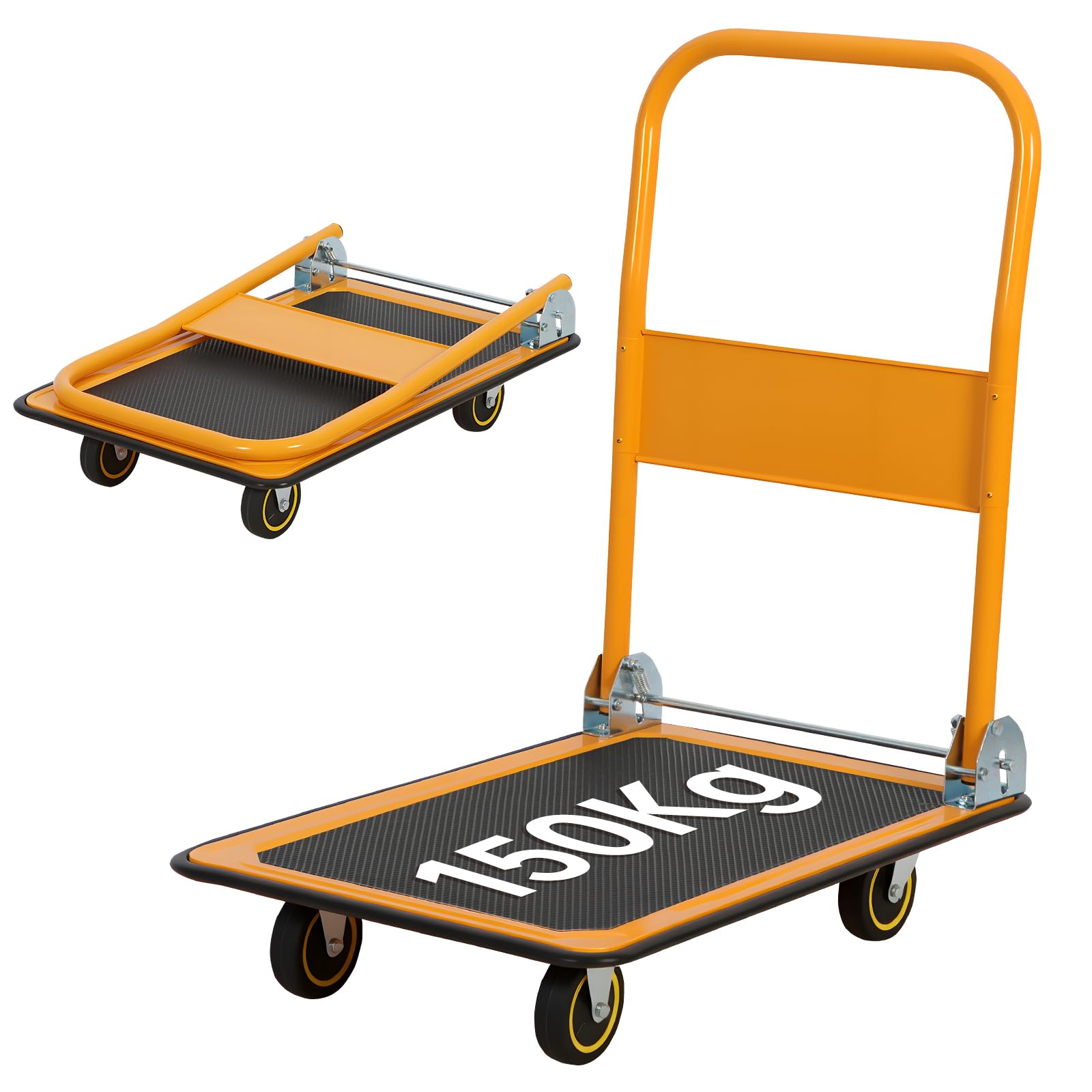 Panana Yellow Platform Truck, Foldable Trolley With 150Kg Load Capacity, Push Hand Cart, Flat Bed Moving With Swivel Wheels For Loading And Storage