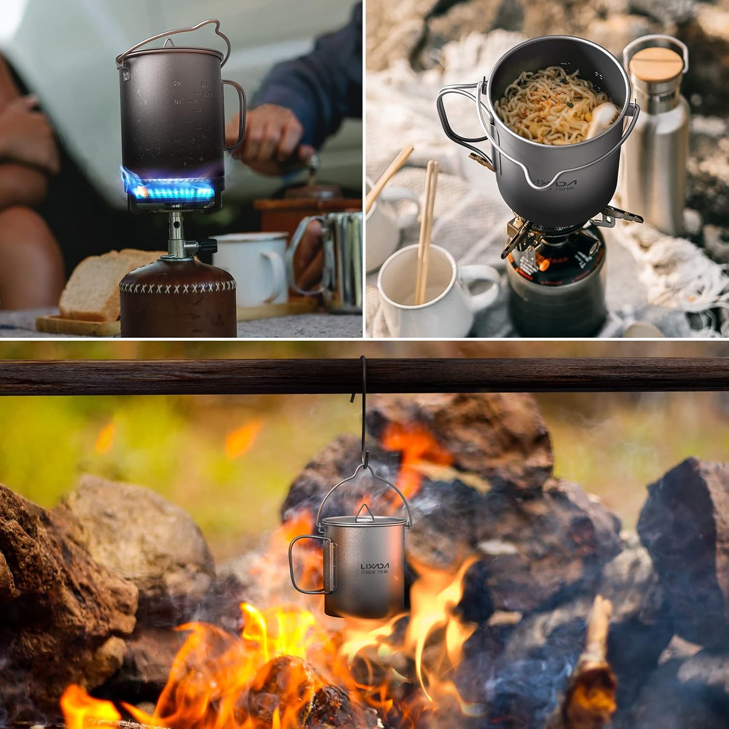 HUIOP Titanium Cup, Ultralight 750ml Titanium Pot Portable Titanium Water Mug Cup with Lid and Foldable Handle Outdoor Camping Cooking Picnic