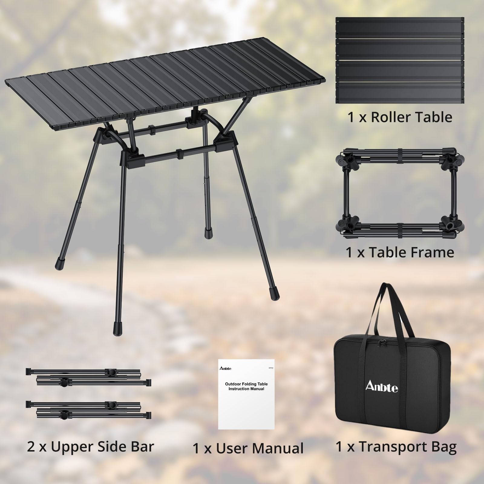 Anbte Table de camping pliante de 0,9 m, 4 hauteurs réglables, table de camping enroulable en aluminium avec sac de transport, portable, imperméable, pour pique-nique, extérieur, voyage, jardin, plage