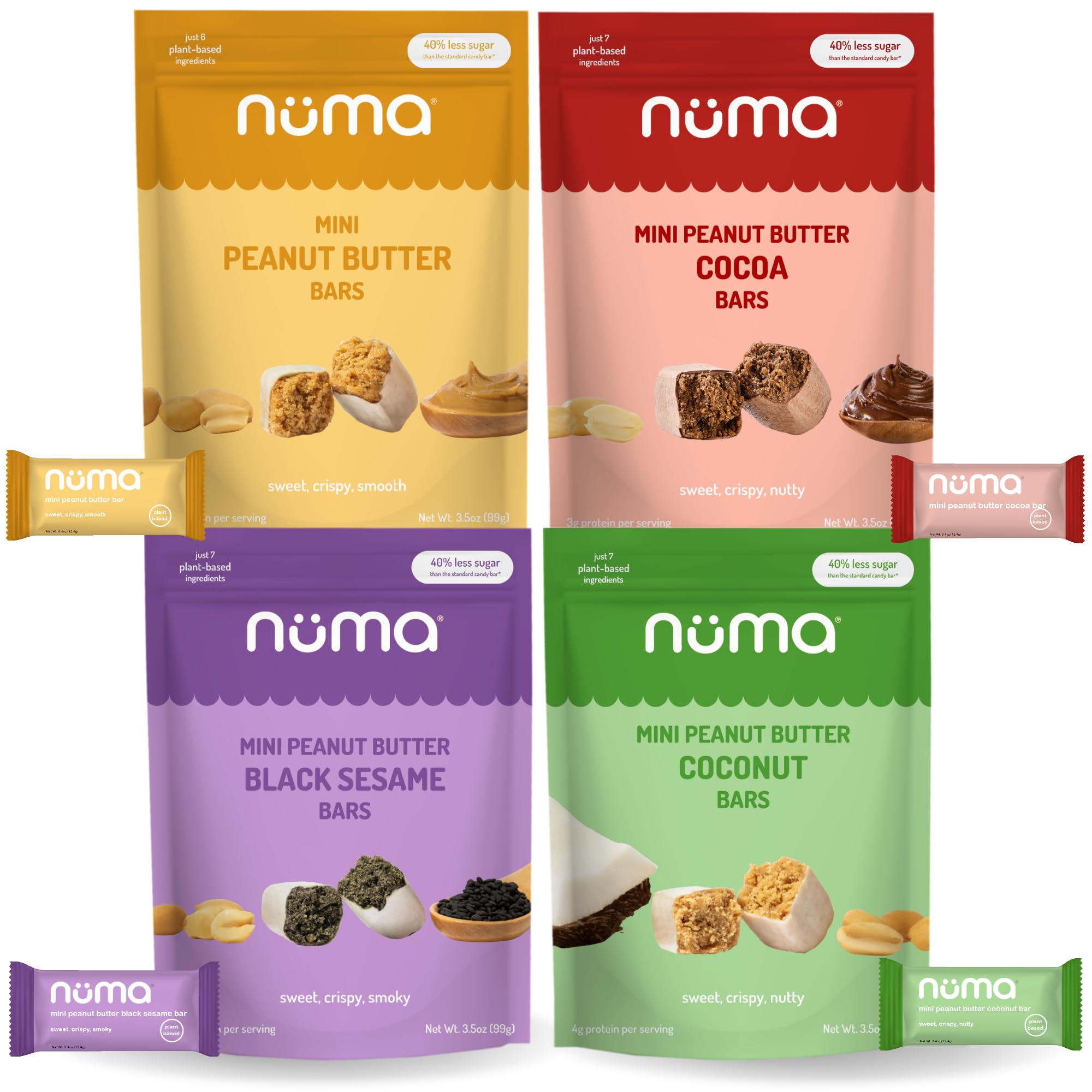 Mini Peanut Butter Bars Variety Pack – Vegan, High Protein, Low Sugar, Low Calorie, All Natural, Gluten Free – Crunchy Plant Based Snack – 4 Bags with