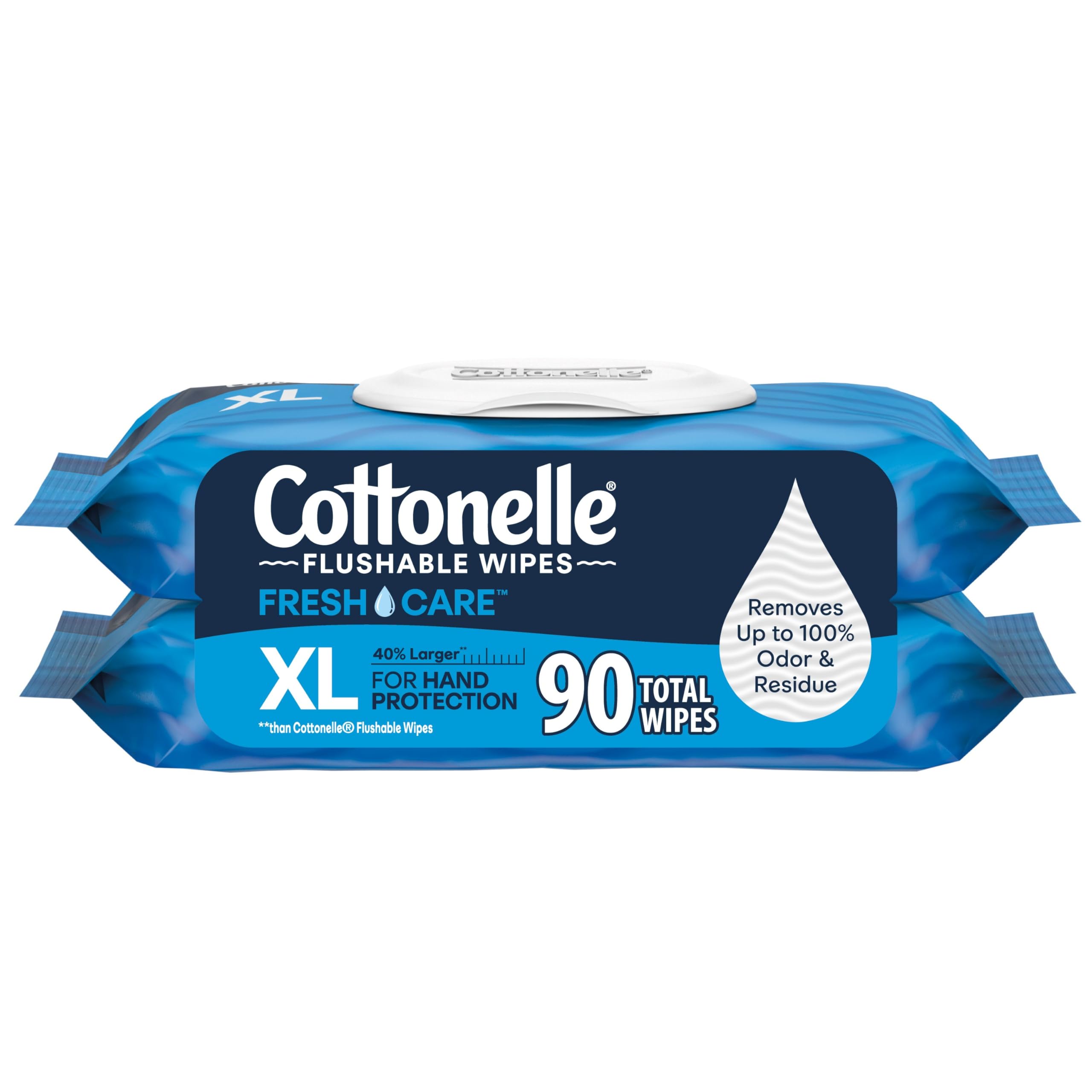 Toallitas húmedas desechables Cottonelle XL, tamaño grande para adultos, 2 paquetes con tapa abatible, 45 toallitas por paquete (90 toallitas en total), el empaque puede variar.