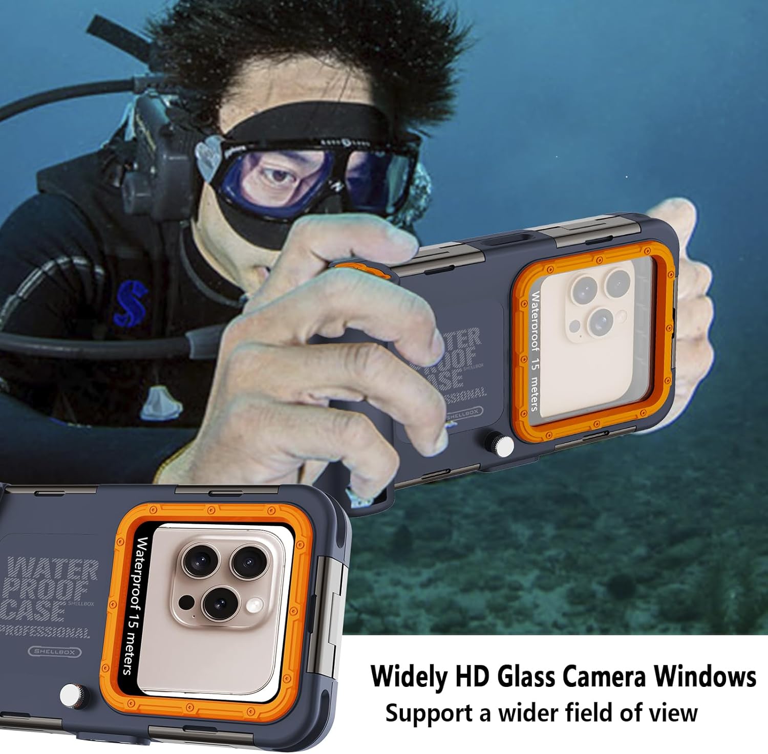 Universal Underwater Diving Case for Phone Size 4.7-4.9 inch(Volume Button on Left), fit with iPhone 17/16/15/14/13 Series, 50 FT(15Meters) Professional Scuba Waterproof Cases, Blue-Orange