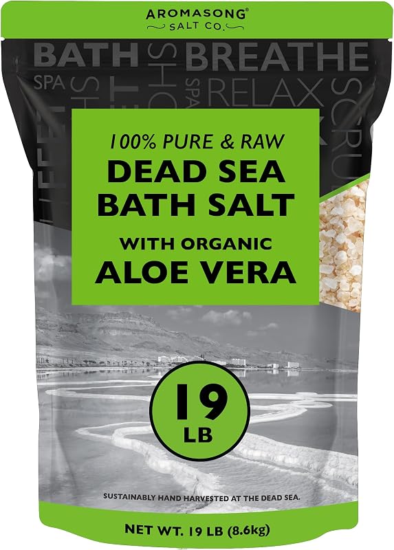 Aromasong Sal do Mar Morto bruto com aloe vera orgânica, grão fino a médio, pacote com 8,62 kg