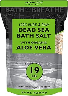 Aromasong 19 lbs RAW Dead Sea Salt with Organic Aloe Vera, not Cleaned, Still Contains All Dead sea Minerals Including Dead sea Mud, Fine Medium Grain Large resealable Bulk Pack - Packaging May Vary