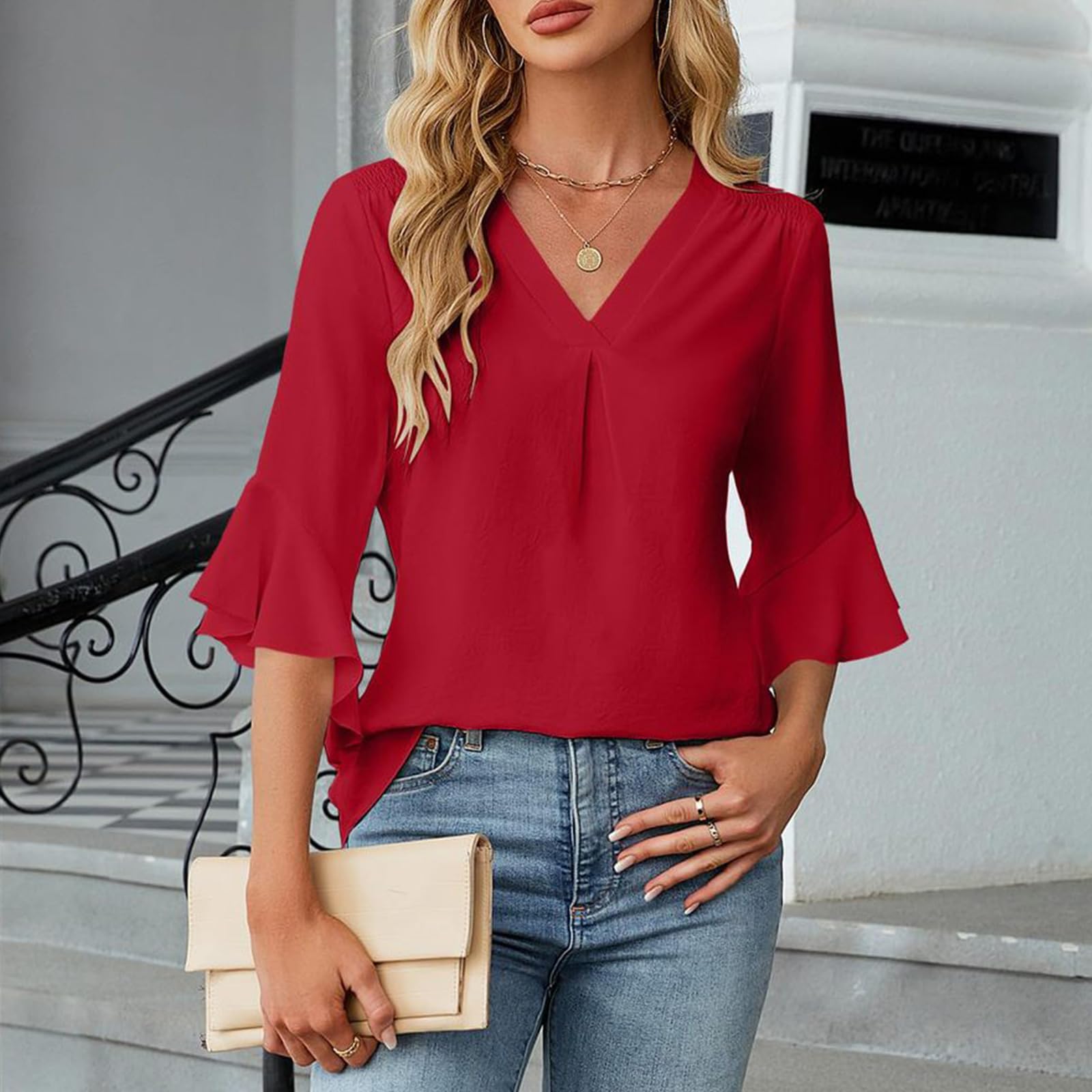 Elegante blusa de manga con volantes de tres cuartos de longitud y cuello en V, ligera y elegante para el trabajo y el ocio, camiseta femenina