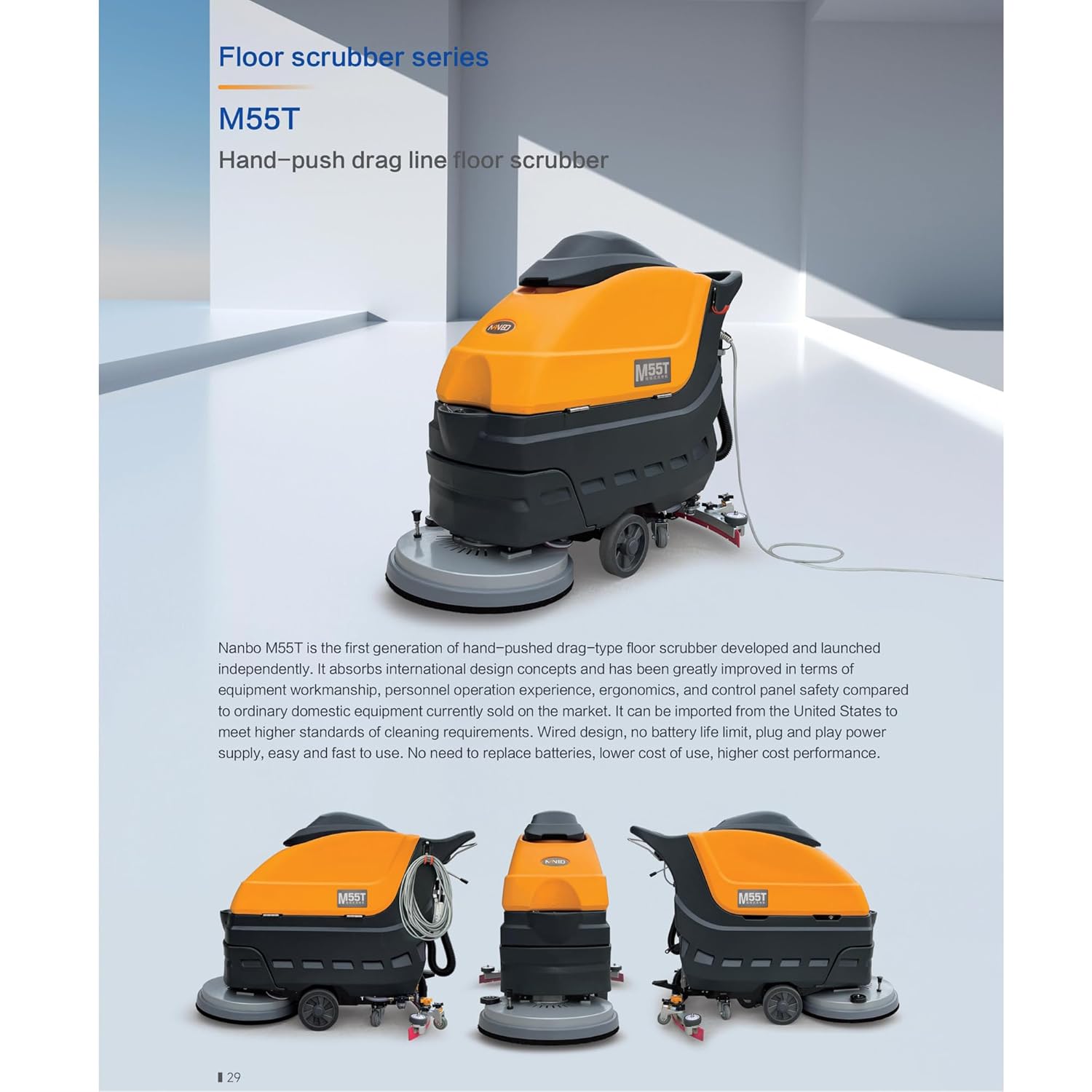 M55T Walk-Behind Floor Scrubber Dryer Machine, 33.5" Ultra-Wide Cleaning, 70L Solution Tank, Wired Design(No Battery), Ultra-Quiet & Magnetic Brush for Commercial Hard Floor Cleaning