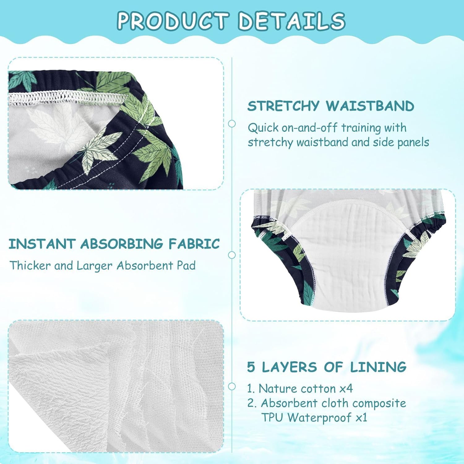 Little Boys Potty Training Pants Reusable Japanese Maple Leaf Navy Sage Green Night Time Potty Training Underwear