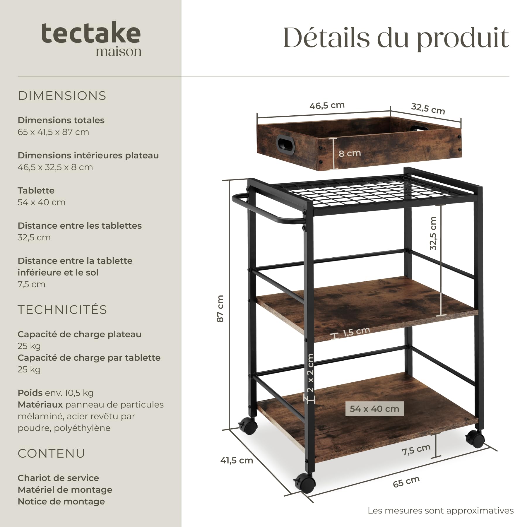tectake® Chariot de Service Style Industriel, Desserte à roulettes 65 x 41,5 x 87 cm, Chariot Cuisine avec Plateau Amovible, roulettes pivotantes à Frein, Meuble Cuisine, Meuble Rangement, Bois foncé