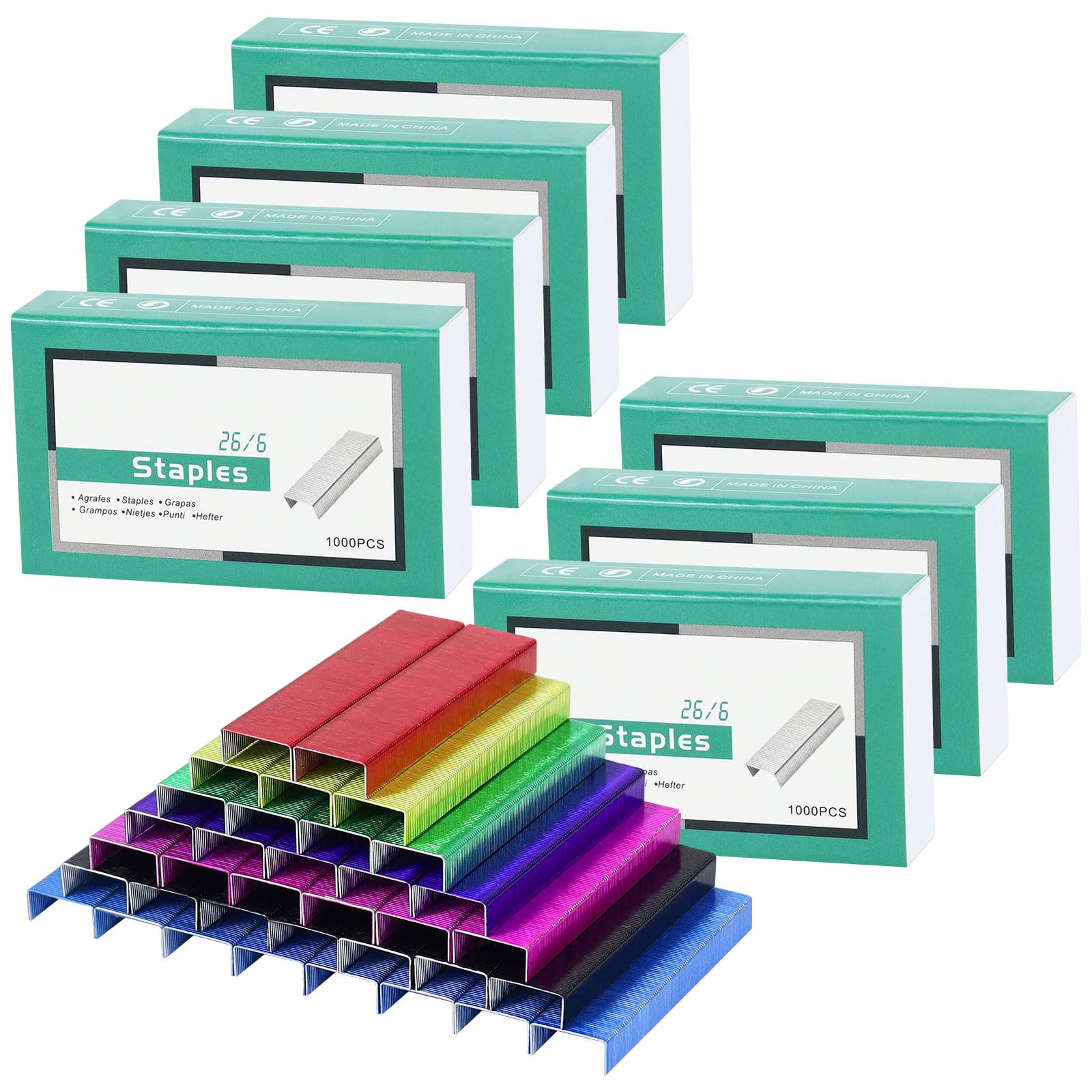 7 Pack Colorful 26/6 Standard Staples for Desk Stapler, 1000Pcs Colored Staples per Pack, 7000Pcs in Total (Colorful)