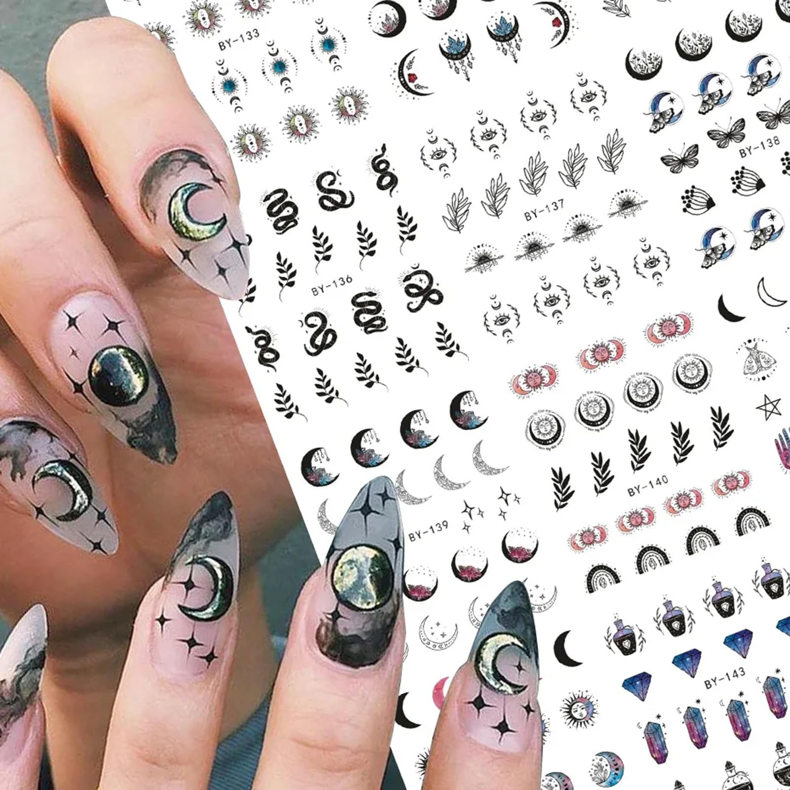12 Sheets Moon Stars Nail Art Stickers Water Transfer Slider Nail Decals Sun Eyes Snakes Black Art Design Sticker Nail Art Supplies Acrylic Nail Stickers for Women Girls Nail Art DIY
